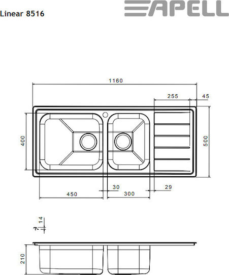 Apell Linear 8516 8516-110 Drop-In Spüle Links Inox Satiniert B116xT50cm Silber