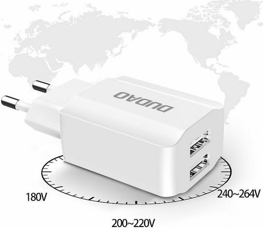 Dudao Зарядно без кабел с 2 USB-A порта Quick Charge 3.0 Бял (A2EU)