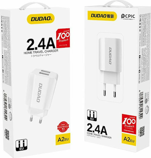 Dudao Зарядно без кабел с 2 USB-A порта Quick Charge 3.0 Бял (A2EU)