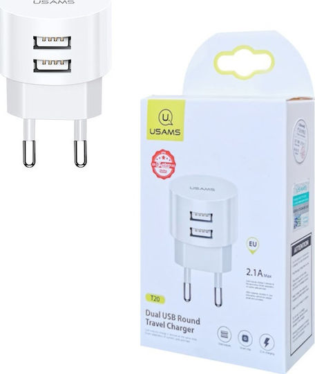Usams Φορτιστής Χωρίς Καλώδιο με 2 Θύρες USB-A Λευκός (T20)