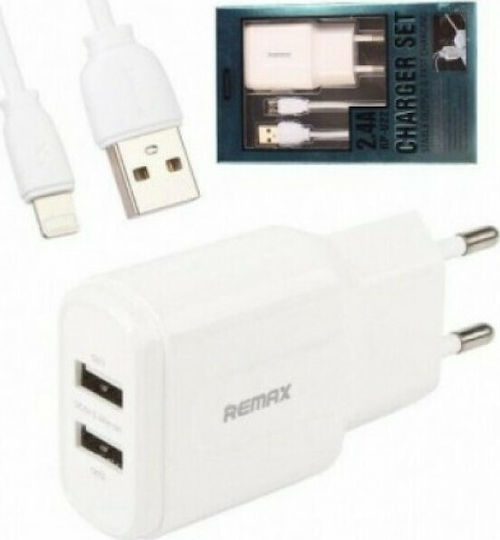 Remax Φορτιστής με 2 Θύρες USB-A και Καλώδιο Lightning Λευκός (RP-U22)