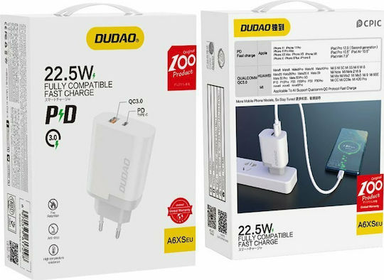 Dudao Charger Without Cable with USB-A Port and USB-C Port 22.5W Quick Charge 3.0 Whites (A6XSEU)