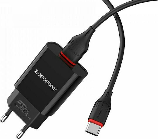 Borofone Φορτιστής με Θύρα USB-A και Καλώδιο USB-C Quick Charge 3.0 / PPS / Quick Charge 2.0 Μαύρος (BA20A)