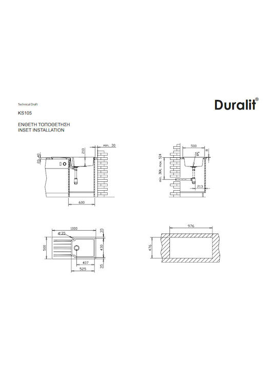 Duralit KS105 KS105-420 Drop-In Spüle aus Verbundgranulat B100xT50cm Negro Grafito