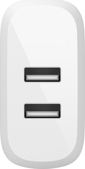 Belkin Φορτιστής Χωρίς Καλώδιο με 2 Θύρες USB-A 24W Λευκός (Boost Charge)
