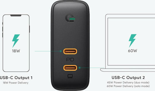 Aukey Φορτιστής Χωρίς Καλώδιο με 2 Θύρες USB-C 65W Power Delivery Μαύρος (PA-B4)