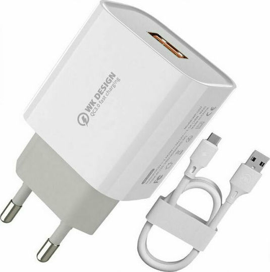 WK Φορτιστής με Θύρα USB-A και Καλώδιο micro USB 18W Quick Charge 3.0 Λευκός (WP-U57)