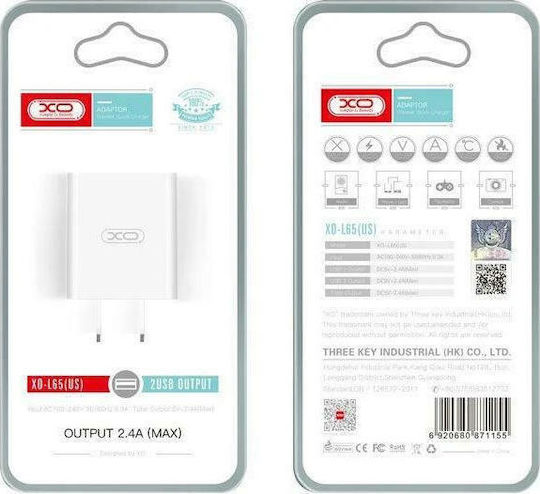 XO Φορτιστής Χωρίς Καλώδιο με 2 Θύρες USB-A Quick Charge 3.0 Λευκός (L65)