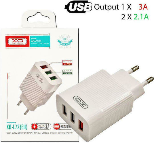 XO Φορτιστής Χωρίς Καλώδιο με 3 Θύρες USB-A 18W Λευκός (L72)