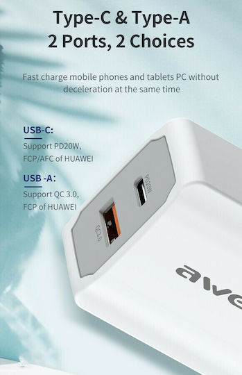 Awei Φορτιστής με Θύρα USB-A και Θύρα USB-C και Καλώδιο USB-C 20W Power Delivery / Quick Charge 3.0 Λευκός (PD4)