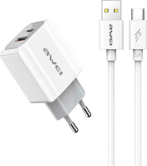 Awei Φορτιστής με Θύρα USB-A και Θύρα USB-C και Καλώδιο USB-C 20W Power Delivery / Quick Charge 3.0 Λευκός (PD4)