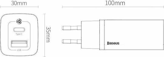 Baseus Φορτιστής Χωρίς Καλώδιο GaN με Θύρα USB-A και Θύρα USB-C 65W Quick Charge 3.0 Λευκός (CCGAN2L-B02)