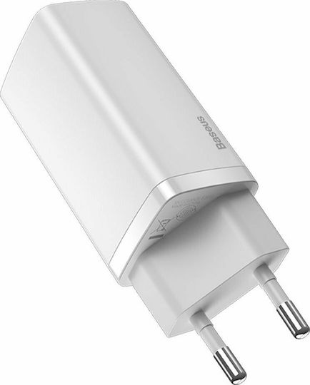 Baseus Φορτιστής Χωρίς Καλώδιο GaN με Θύρα USB-A και Θύρα USB-C 65W Quick Charge 3.0 Λευκός (CCGAN2L-B02)