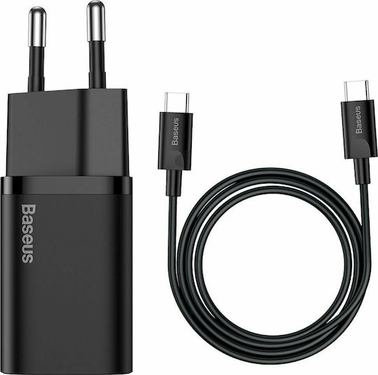 Baseus Φορτιστής με Θύρα USB-C και Καλώδιο USB-C - USB-C 25W Μαύρος (Super Si)