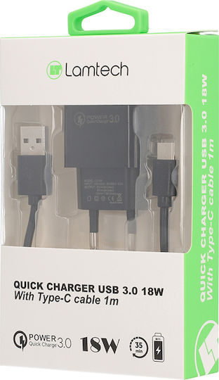 Lamtech Φορτιστής με Θύρα USB-A και Καλώδιο USB-C 18W Quick Charge 3.0 Μαύρος (LAM021981)