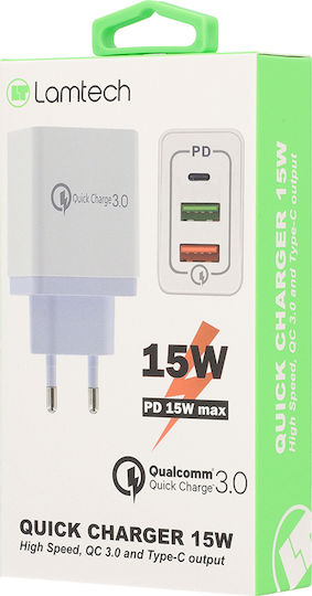 Lamtech Φορτιστής Χωρίς Καλώδιο με 2 Θύρες USB-A και Θύρα USB-C 15W Power Delivery / Quick Charge 3.0 Λευκός (LAM022001)