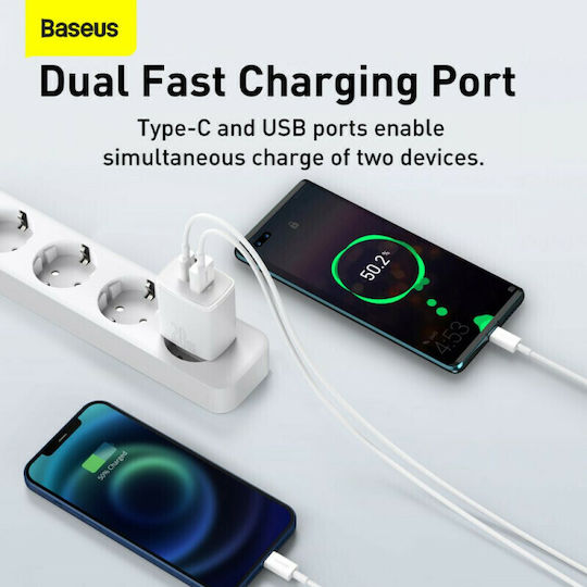 Baseus Charger Without Cable with USB-A Port and USB-C Port 20W Power Delivery / Quick Charge 3.0 Whites (Compact)