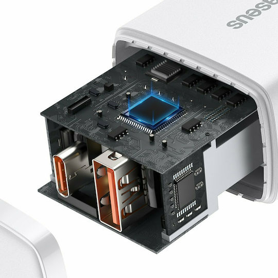 Baseus Charger Without Cable with USB-A Port and USB-C Port 20W Power Delivery / Quick Charge 3.0 Whites (Compact)