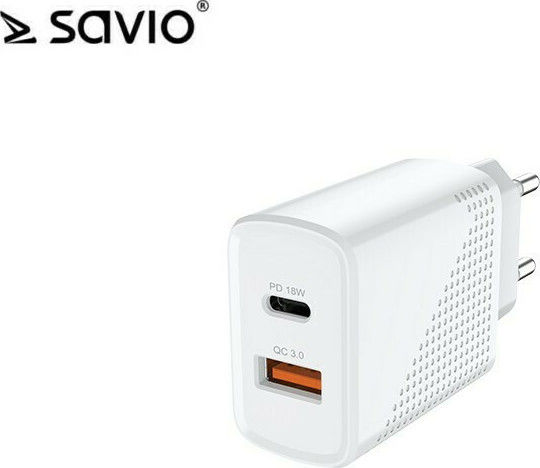 Savio Wireless Charger with USB-A and USB-C Ports 18W Power Delivery / Quick Charge 3.0 White