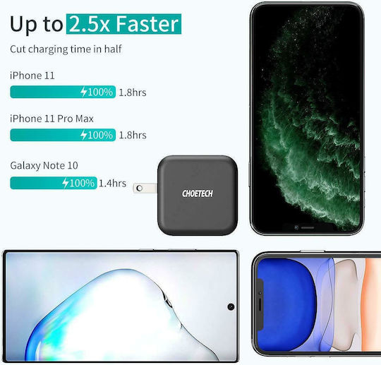 Choetech Φορτιστής με Θύρα USB-C και Καλώδιο USB-C 60W Power Delivery Μαύρος (Q6006)
