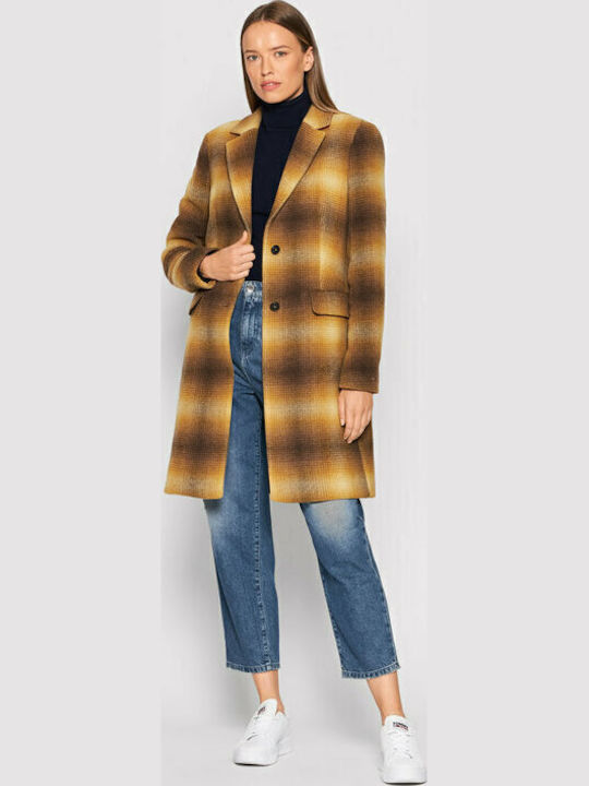 Women's Checked Yellow Coat with Buttons