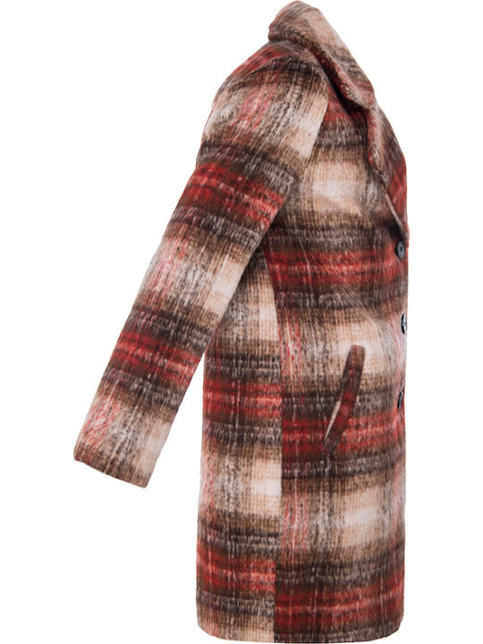Women's Checked Brilliant Red Coat with Buttons