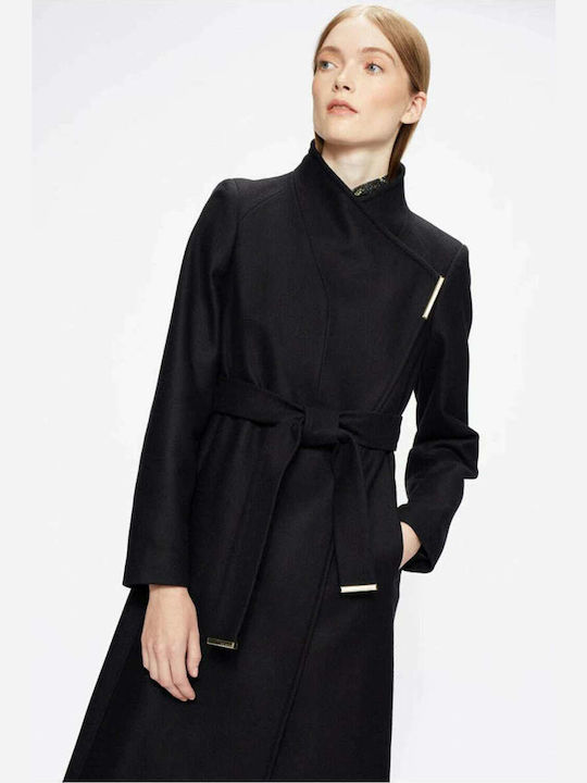 Wool Women's Black Coat with Belt