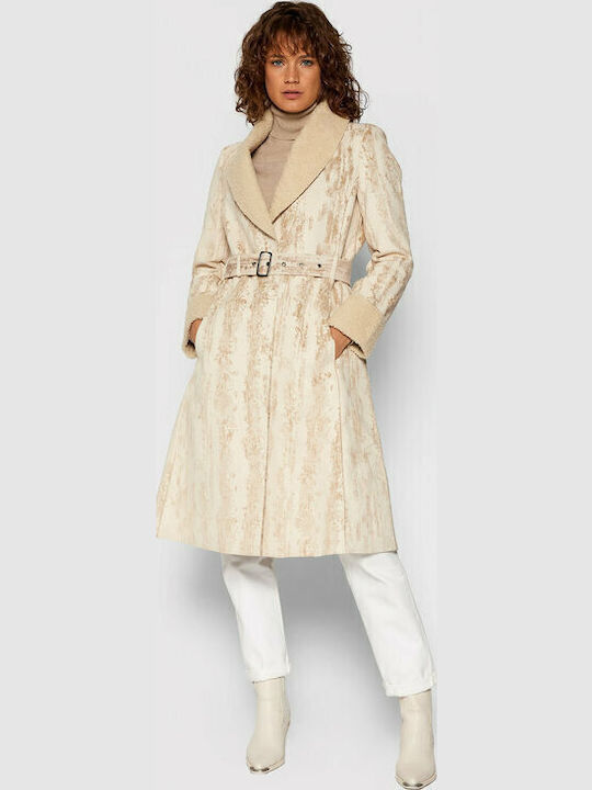Abrig Marvelous Women's Beige Coat with Fur Details