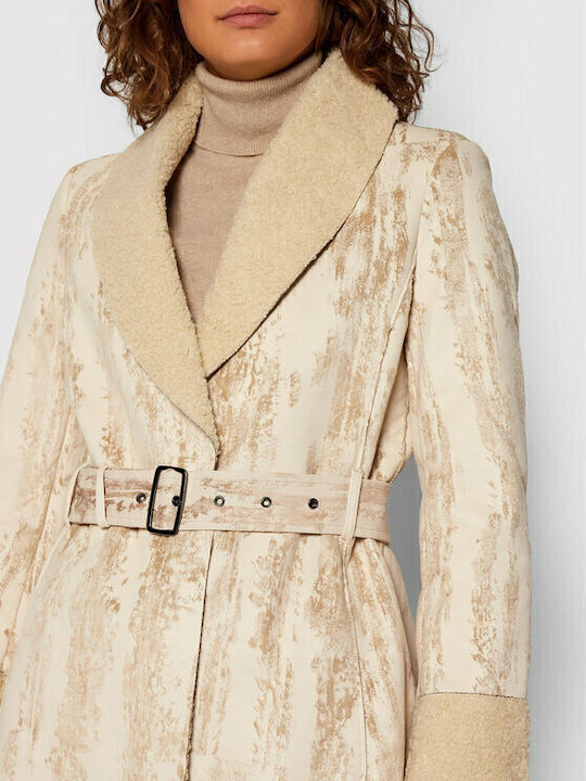 Abrig Marvelous Women's Beige Coat with Fur Details