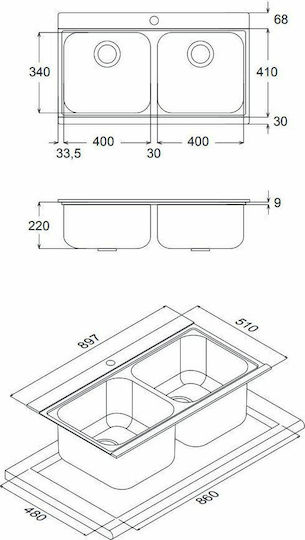 Apell Iris 9320 9320-110401 Drop-In Chiuvetă Satinat L89.7xW51cm sticlă neagră