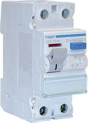 Hager Ρελέ Ράγας Διαρροής 40A Διπολικό με Τάση 230V AC 30mA 2x40A CDC740H