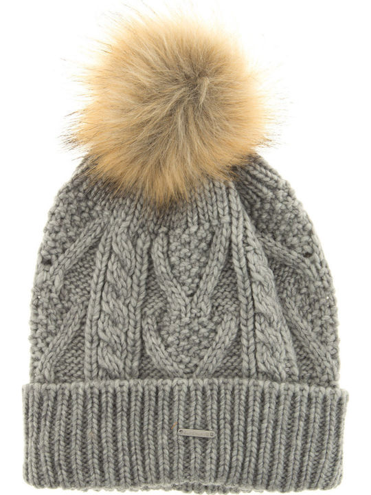 Lannah Pom Pom Beanie Γυναικείος Σκούφος με Πλεξούδες σε Γκρι χρώμα