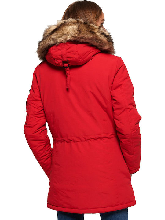 Superdry Ashley Everest Women's Long Parka Jacket for Winter with Detachable Hood Red