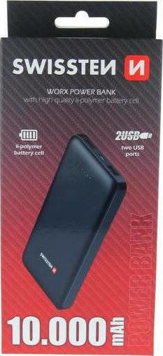 Swissten Worx 22013951 Power Bank 10000mAh 12W με 2 Θύρες USB-A Μαύρο