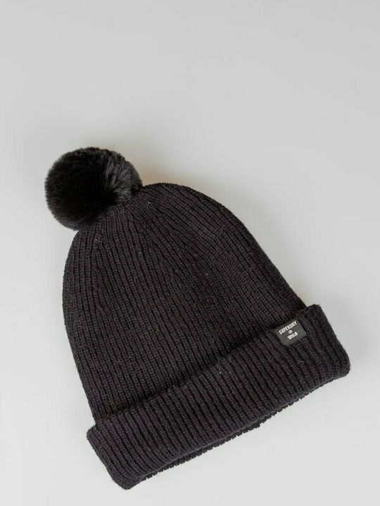 Heritage Ribbed Pom Pom Beanie Γυναικείος Σκούφος Πλεκτός σε Μαύρο χρώμα