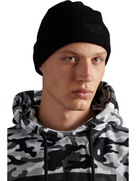 Label Beanie Männer Beanie mit Rippstrick in Schwarz Farbe