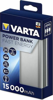 Varta Fast Energy Power Bank 15000mAh 18W с 2 USB-A порта и USB-C порт Бързо зареждане 3.0 / Power Delivery Сребрист