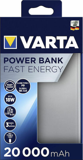 Varta Fast Energy Power Bank 20000mAh 18W cu 2 Porturi USB-A și Port USB-C Încărcare rapidă 3.0 Argint