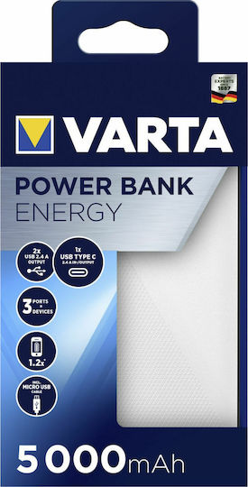 Varta Energy Power Bank 5000mAh με 2 Θύρες USB-A και Θύρα USB-C Λευκό