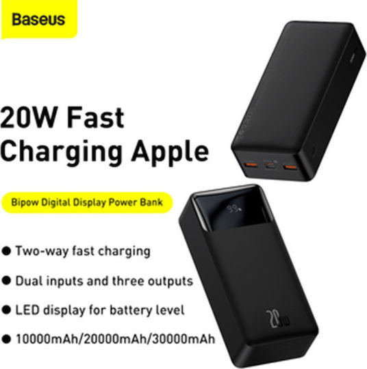 Baseus Bipow Power Bank 30000mAh 20W с 2 USB-A порта и USB-C порт Черен