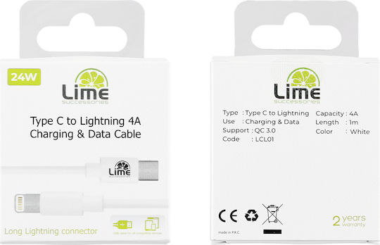 Lime USB-C to Lightning Cable Λευκό 1m (LCL01)
