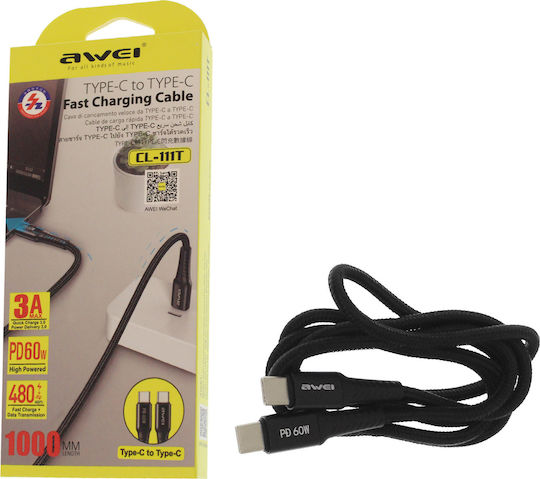 Awei CL-111T Braided USB 2.0 Cable USB-C male - USB-C 60W PD Μαύρο 1m