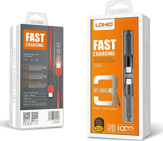 Ldnio LC91 Braided USB 2.0 Cable USB-C male - USB-C Μαύρο 1m