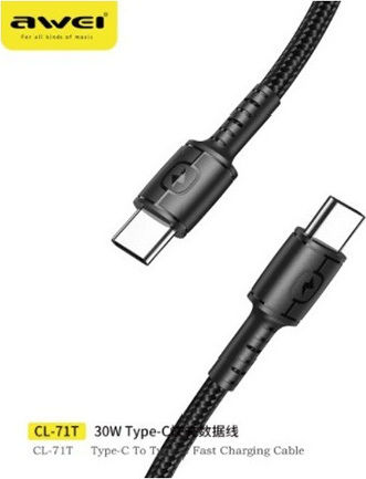 Awei CL-71T Braided USB 2.0 Cable USB-C Male - USB-C 30W Black 1m