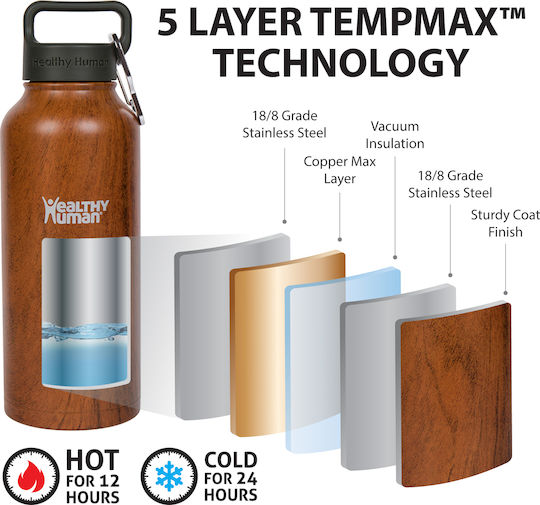 Healthy Human Healthy Human Stainless Steel Thermos Bottle BPA Free 946ml Brown with Loop