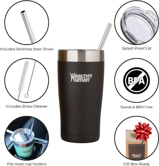 Healthy Human Cruiser Tumbler Glass Thermos Stainless Steel BPA Free 350ml Brown With Straw
