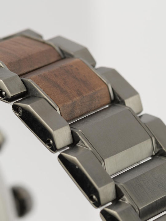Jacques Lemans Eco Power Ανδρικό Ρολόι 44mm Χρονογράφος Μπαταρίας με Γκρι Ξύλινο Μπρασελέ
