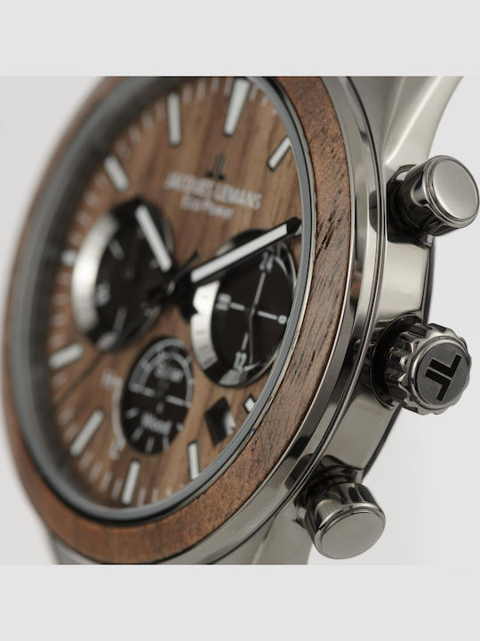 Jacques Lemans Eco Power Ανδρικό Ρολόι 44mm Χρονογράφος Μπαταρίας με Γκρι Ξύλινο Μπρασελέ
