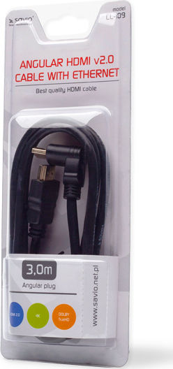 Savio HDMI 2.0 Premium High Speed 4K 60Hz HDR Angle (90°) Cable HDMI Male - HDMI Male 3m Black