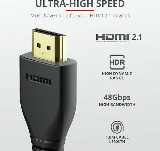 Trust GXT 731 Ruza HDMI 2.1 Ultra High Speed 48Gbps 4K 120Hz HDR VRR Cable HDMI Male - HDMI Male 1.8m Black